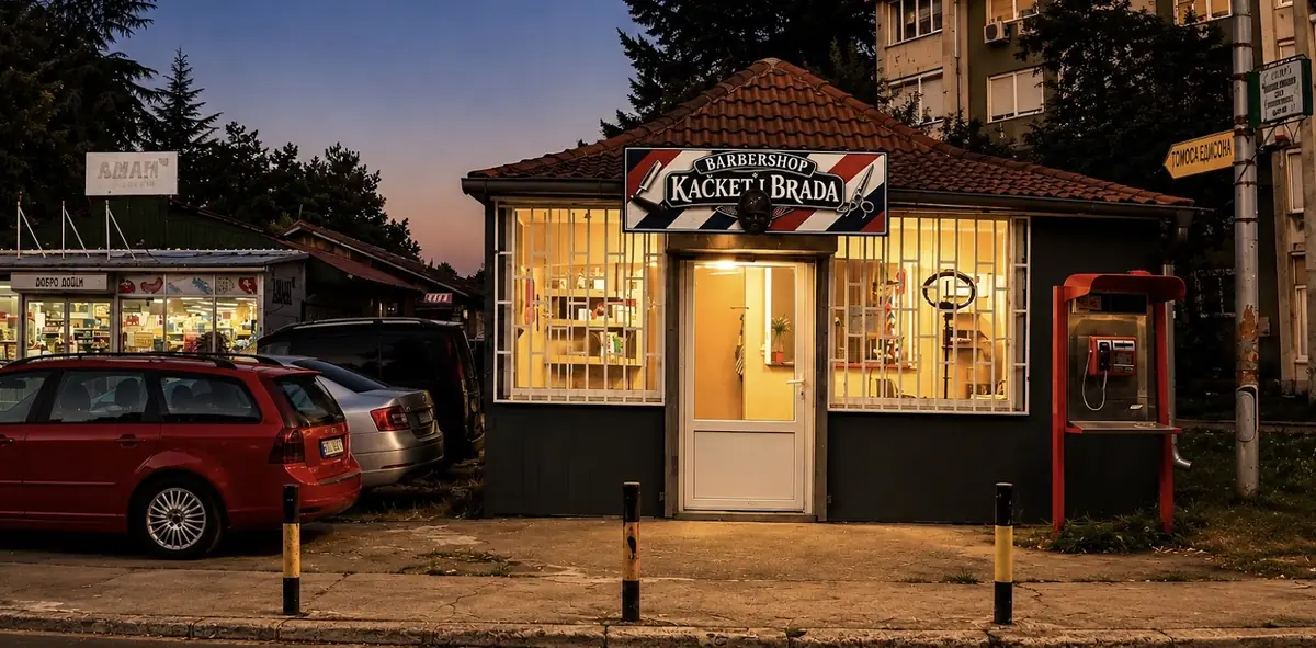 Barbershop Kačket i Brada u Sremčici uveče, osvetljen lokal u Tomasa Edisona